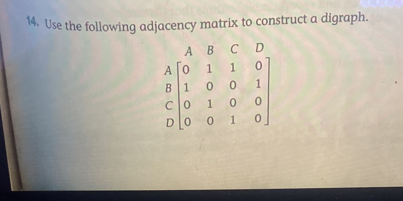 14. Use the following adjacenty matrix to