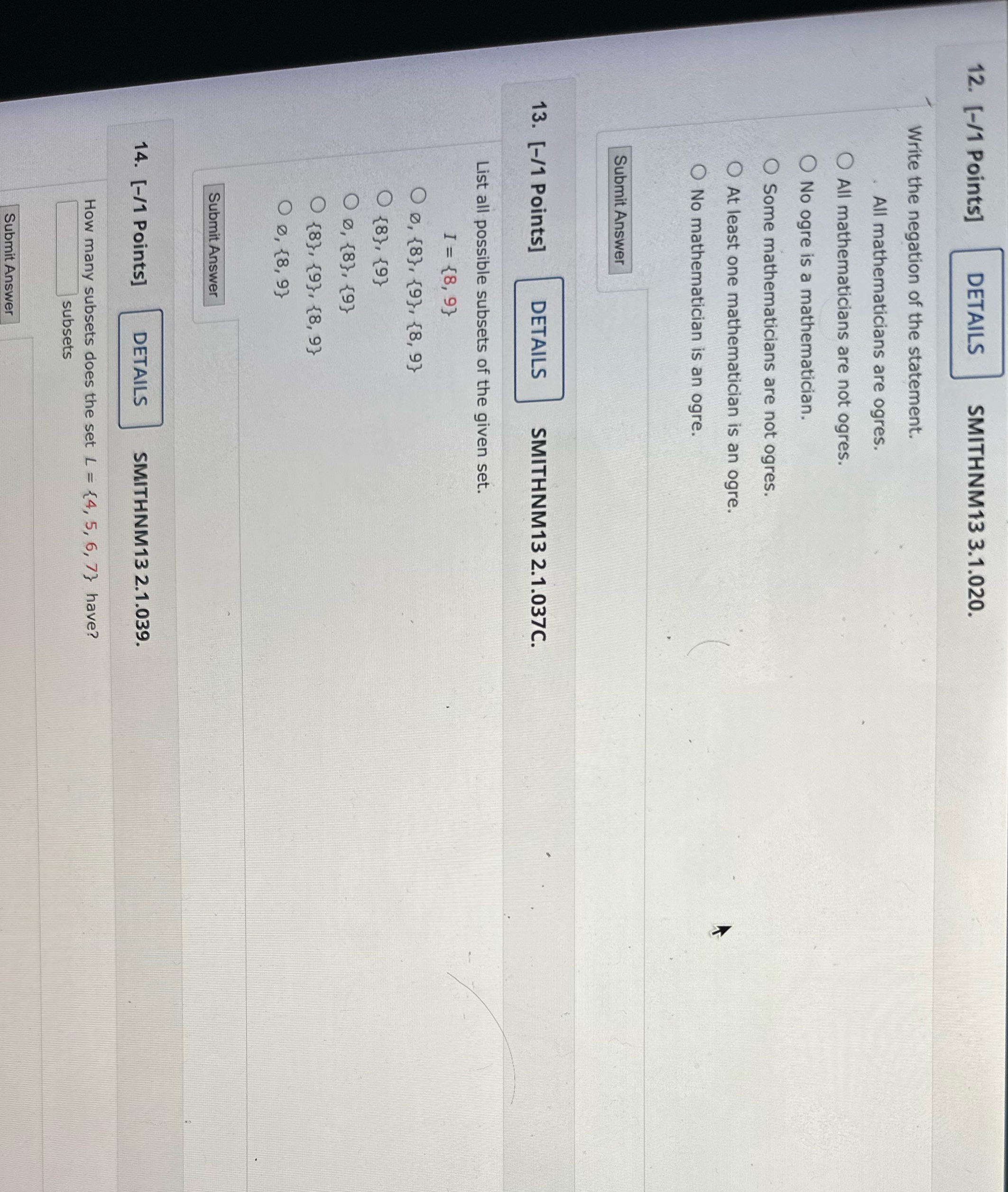 12. [-/1 Points] DETAILS SMITHNM13 3.1.020. Write