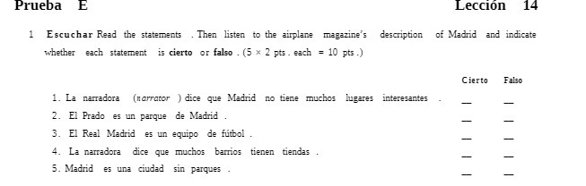 Prueba E Leccion 14 1 Escuchar Read the
