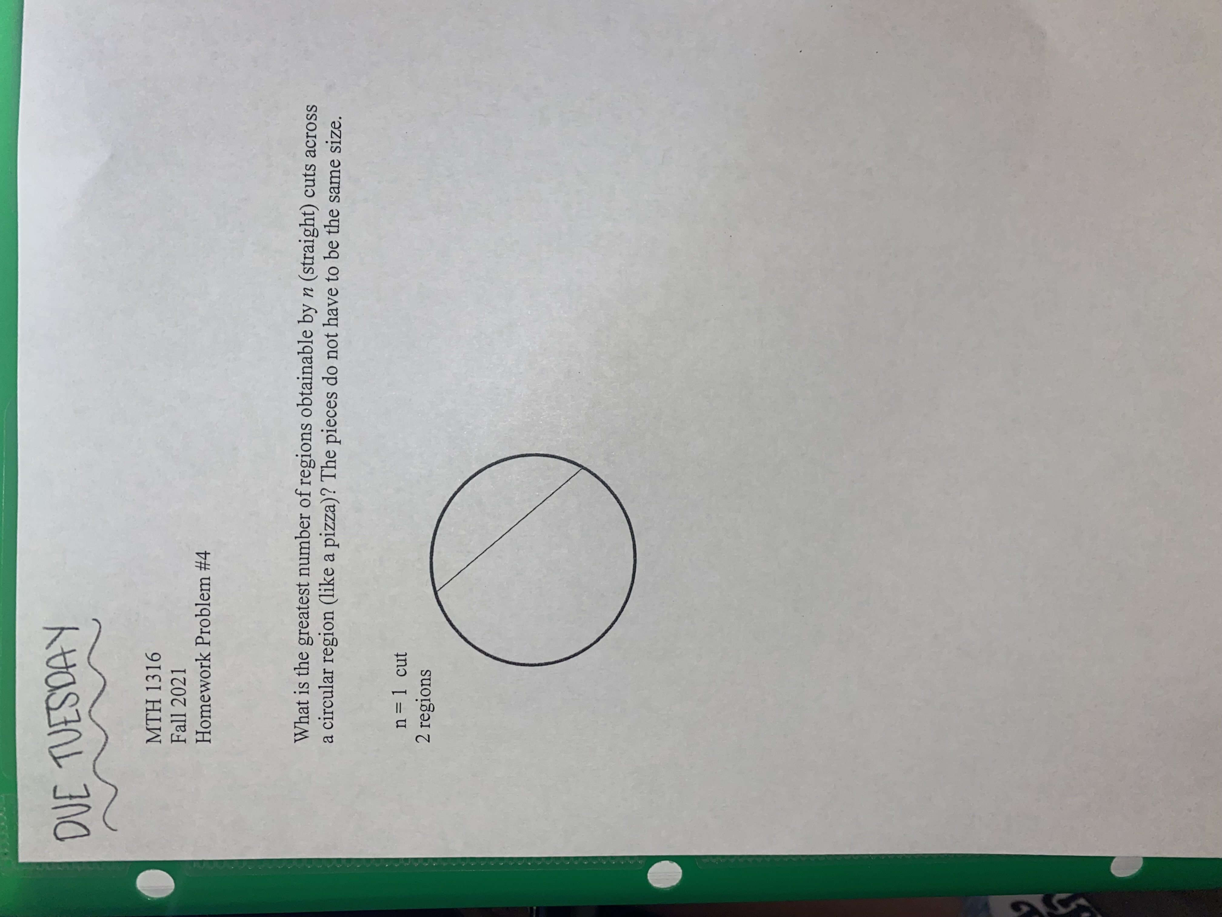 DUE TUESDAY MTH 1316 Fall 2021 Homework Problem