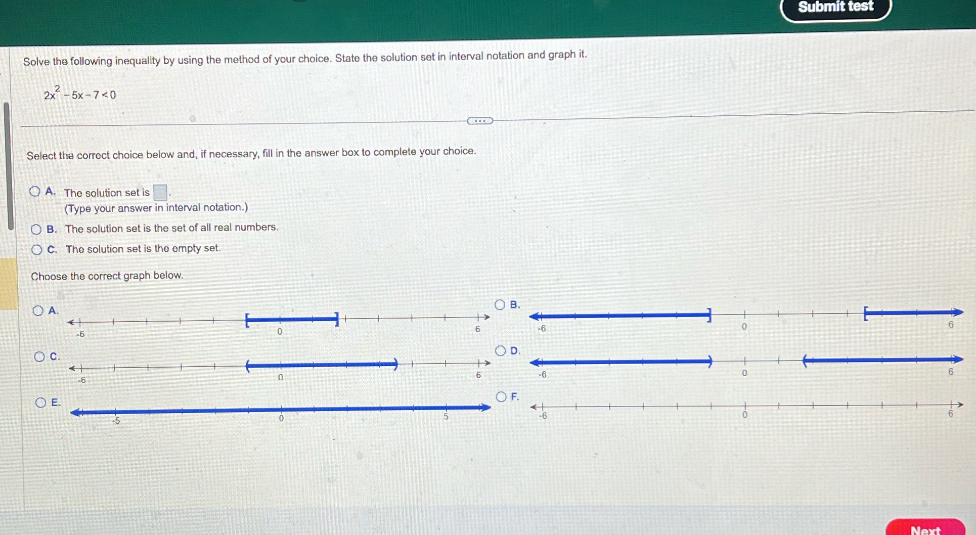Submit test Solve the following inequality by