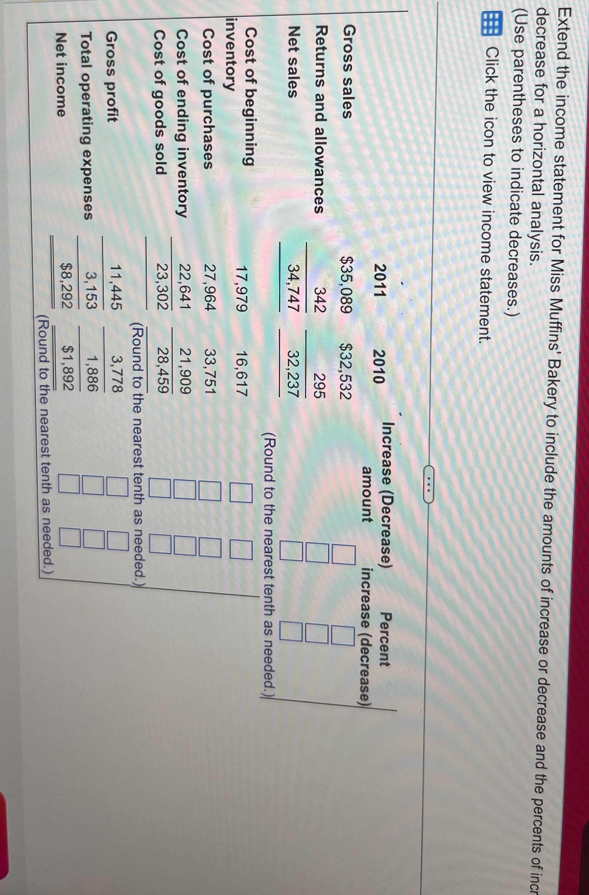 Extend the income statement for Miss