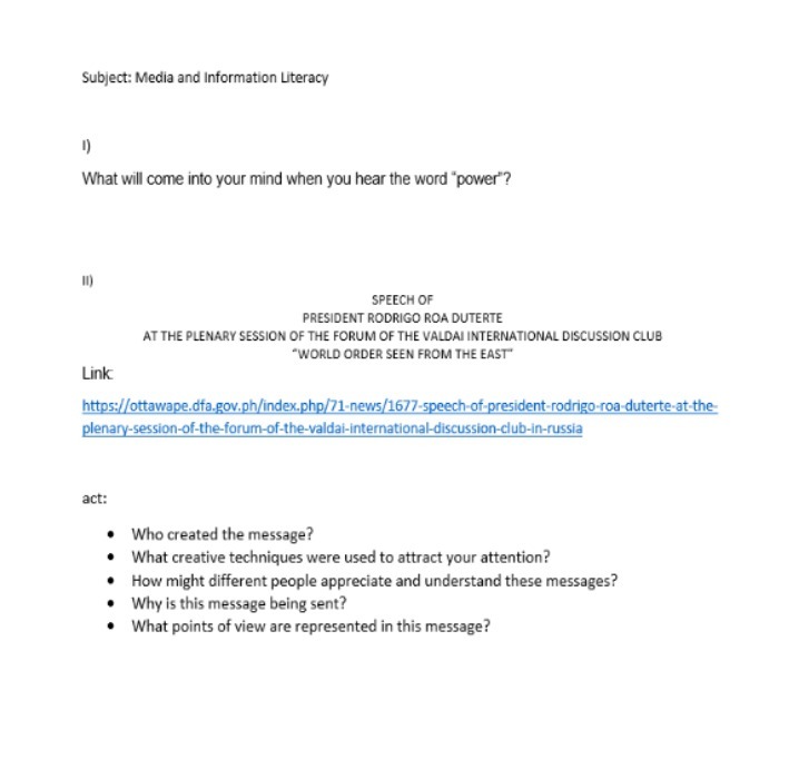 Subject: Media and Information Literacy 1) What