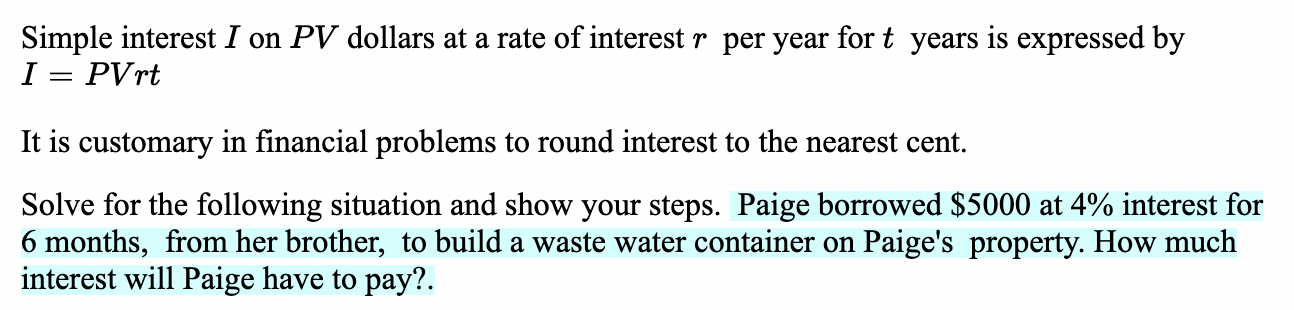 Simple interest I on PV dollars at a rate of