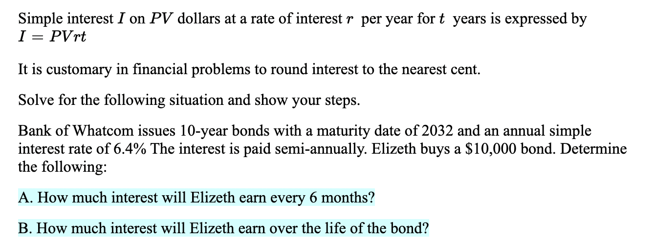 Simple interest I on PV dollars at a rate of