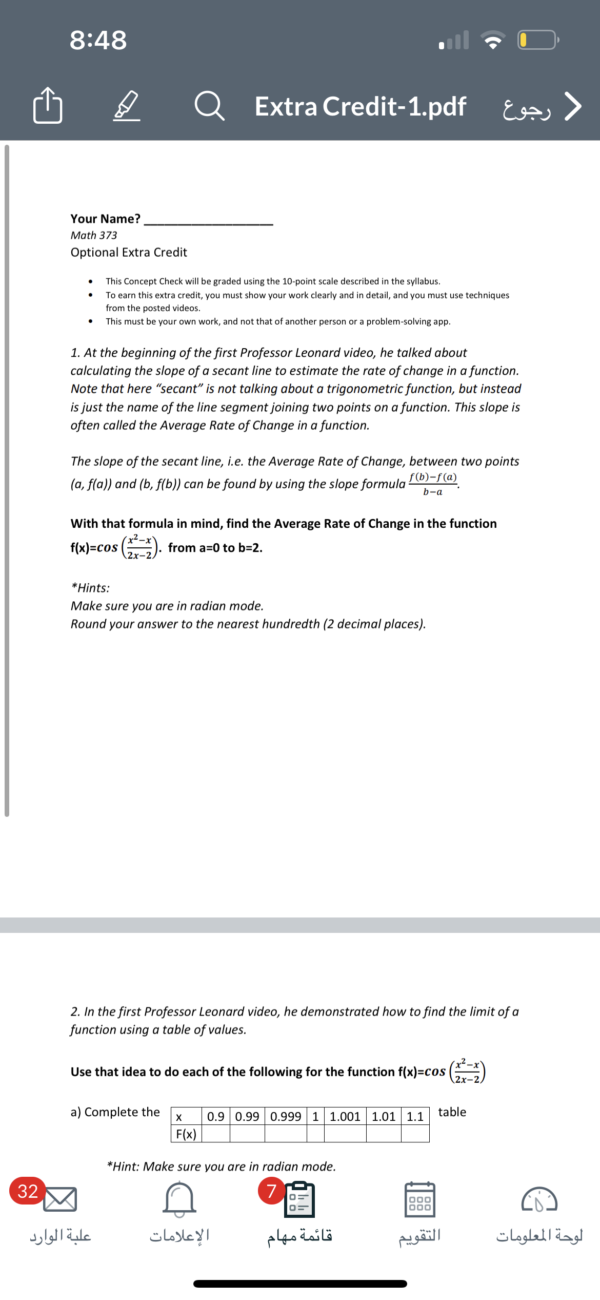 Your Name? Math 3 73 Optional Extra Credit 0 This