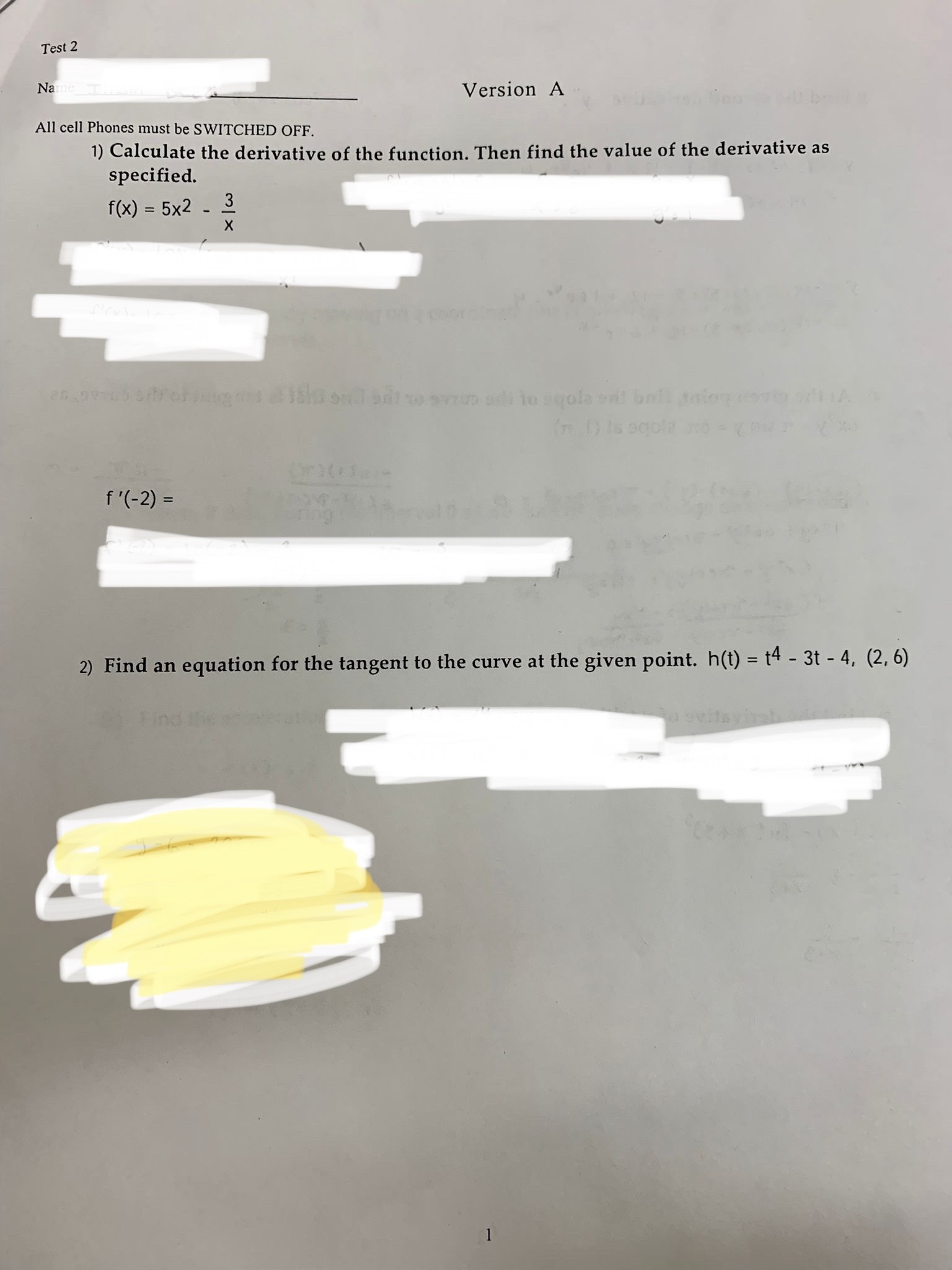 Test 2 Na Version A All cell Phones must be