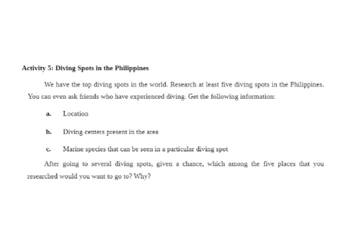 Activity 5: Diving Spots in the Philippines We