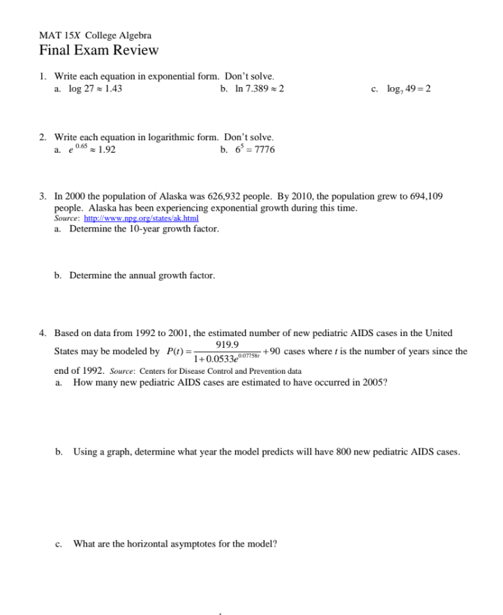 MAT 15X College Algebra Final Exam Review 1.