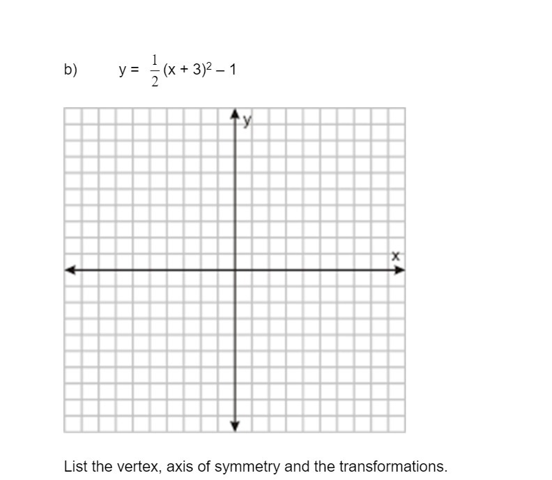 b ) y = = (x+ 3)2 - 1 ty X List the vertex, axis