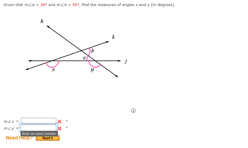 Given that ma = 36 and mb = 55, nd the measures