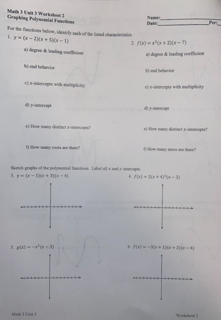 Math 3 Unit 3 Worksheet 2 Name: Graphing
