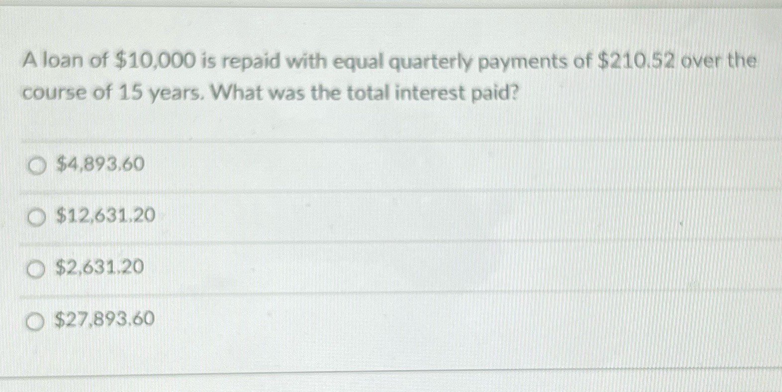 A loan of $10,000 is repaid with equal quarterly