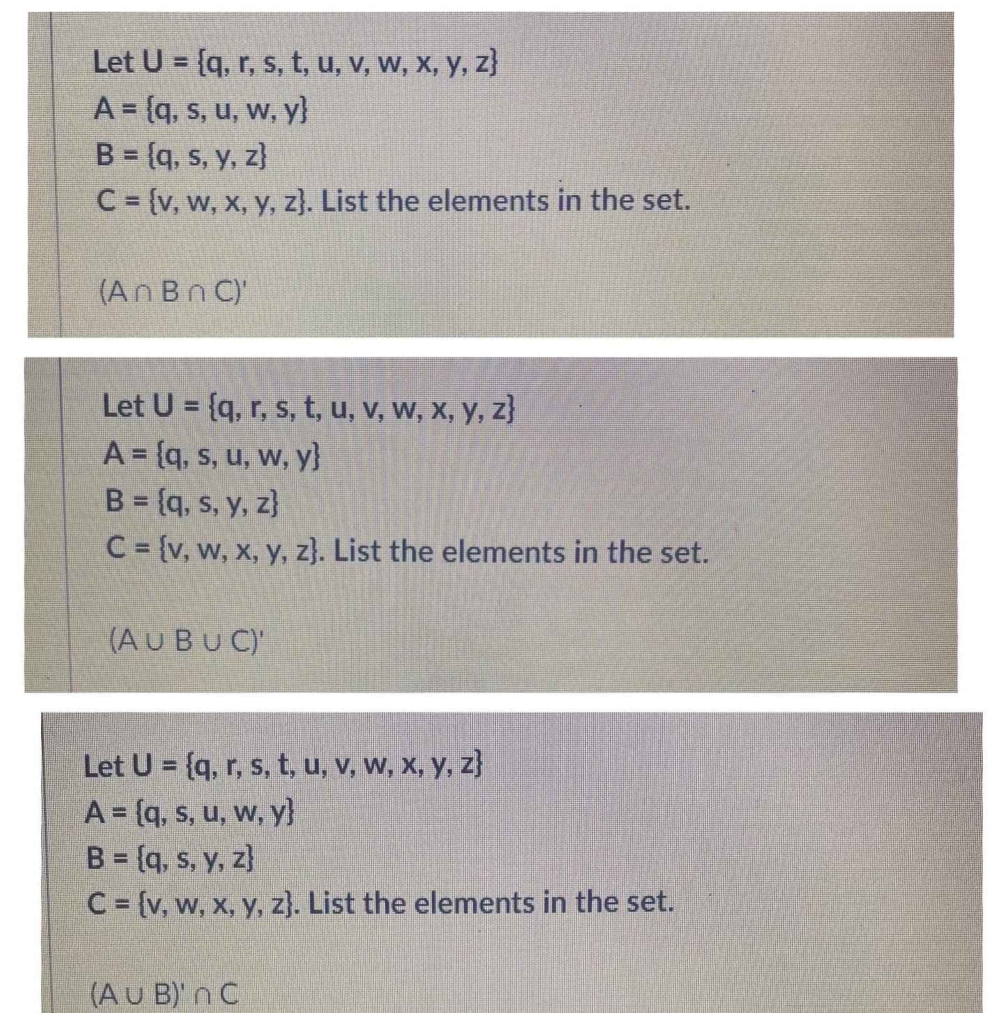 Need answers asap please Let U = [q, r, s, t, u,