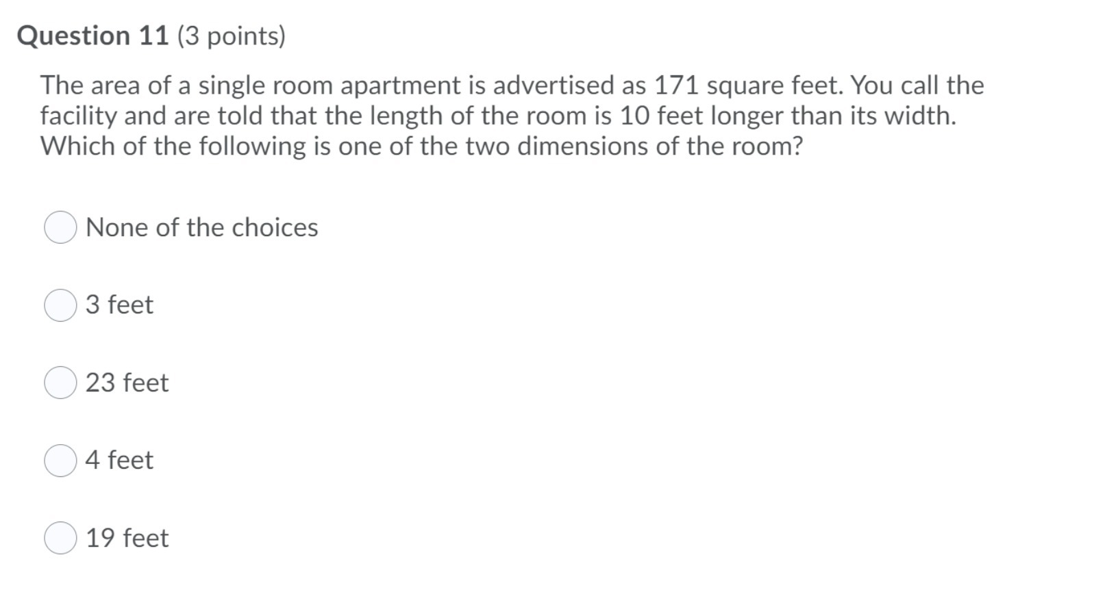 Question 11 (3 points) The area of a single room