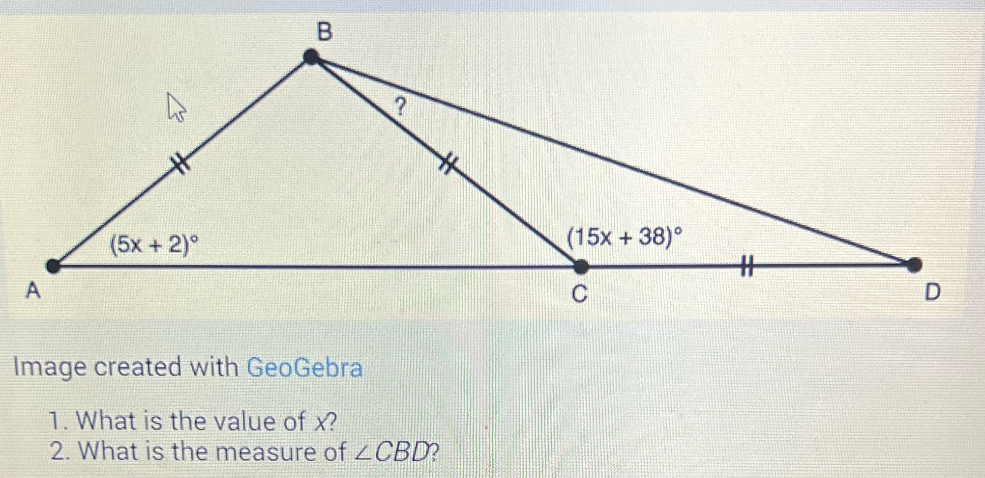 What is the value of x?What is the measure of B