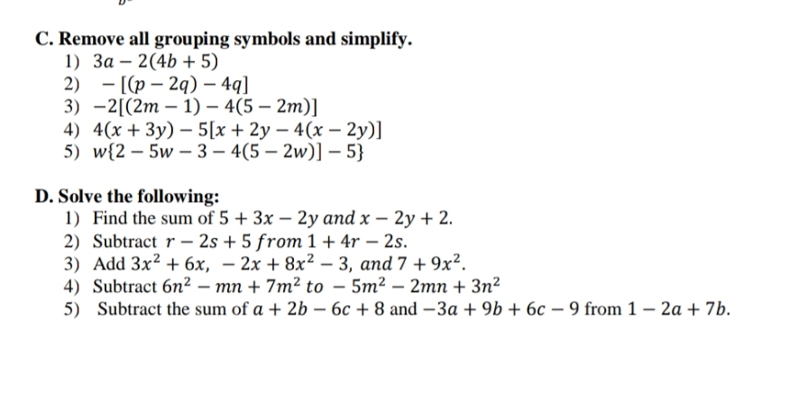 Hello. Pls help me in asnwering Algrebra. C.