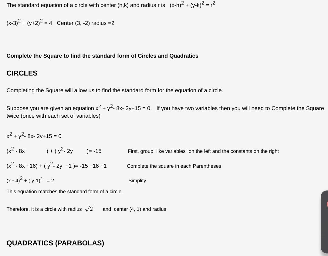 Using Completing the Square to put equations into
