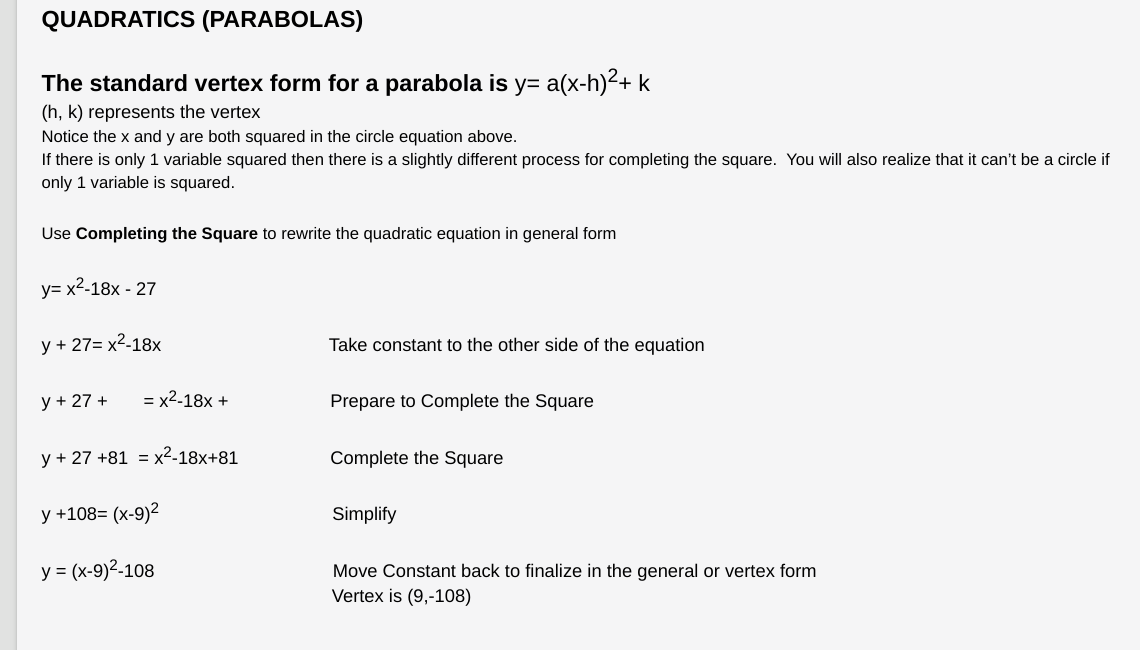 Using Completing the Square to put equations into