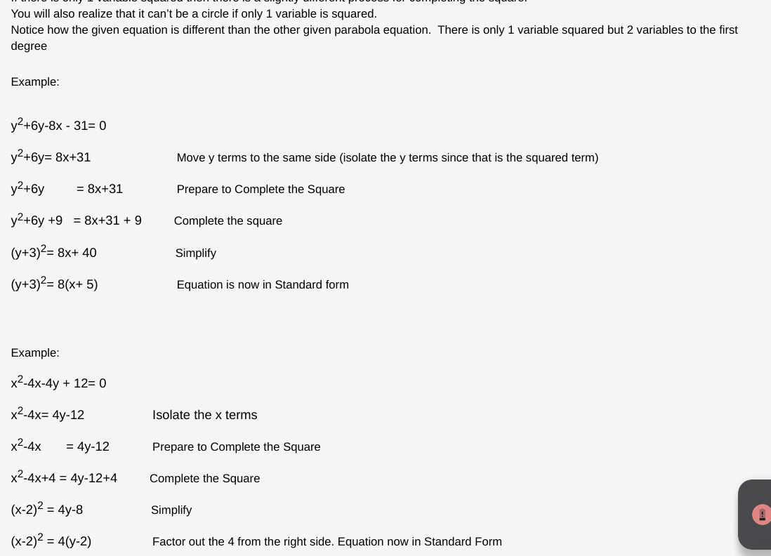 Using Completing the Square to put equations into