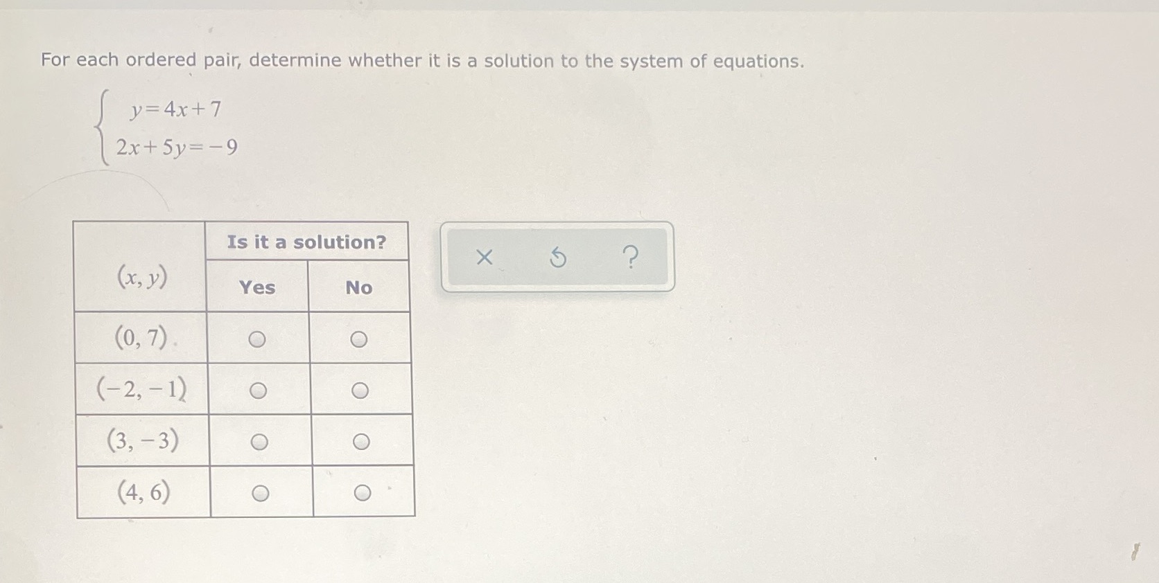 For each ordered pair, determine whether it is a
