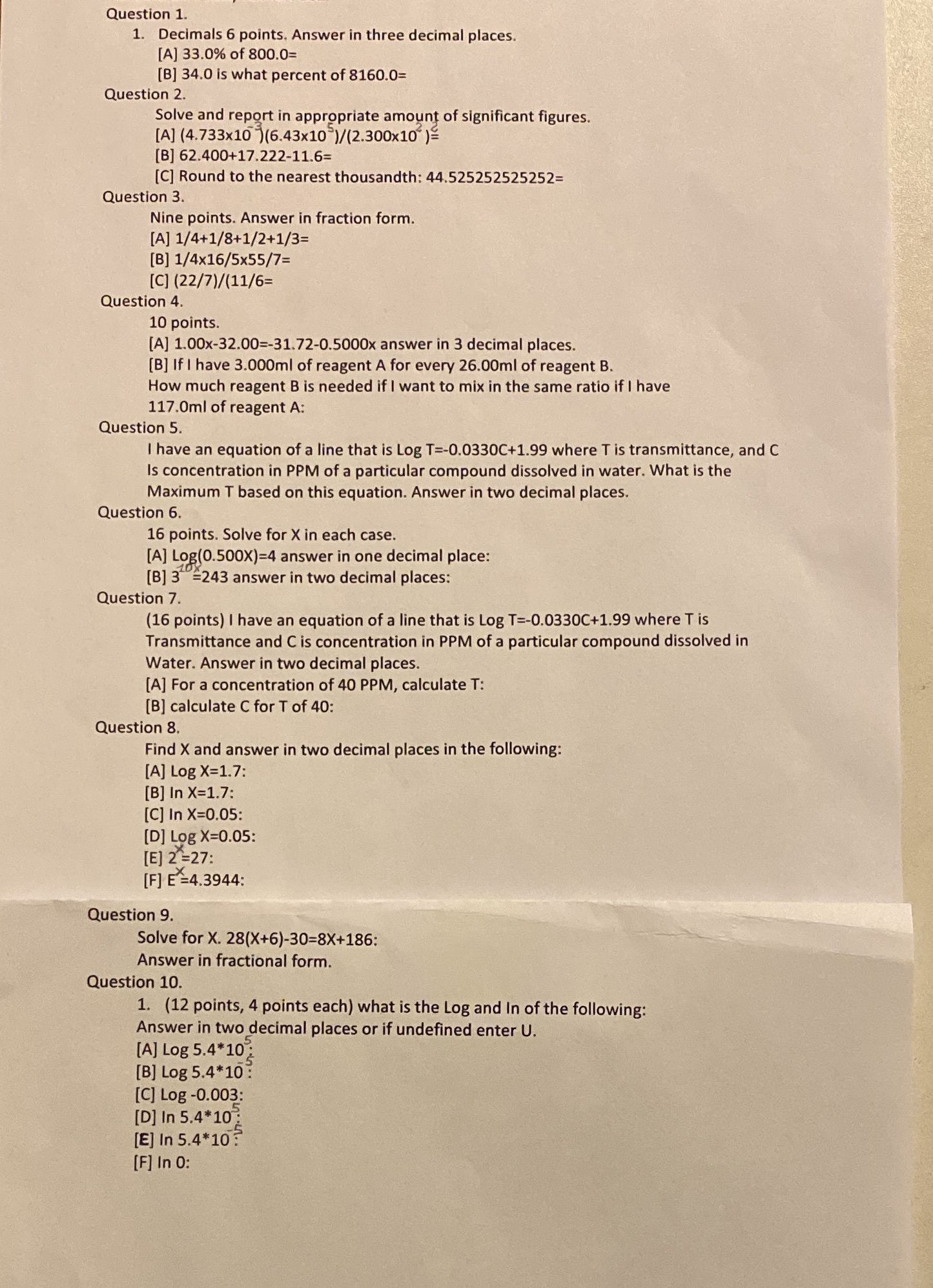 Question 1. 1. Decimals 6 points. Answer in three