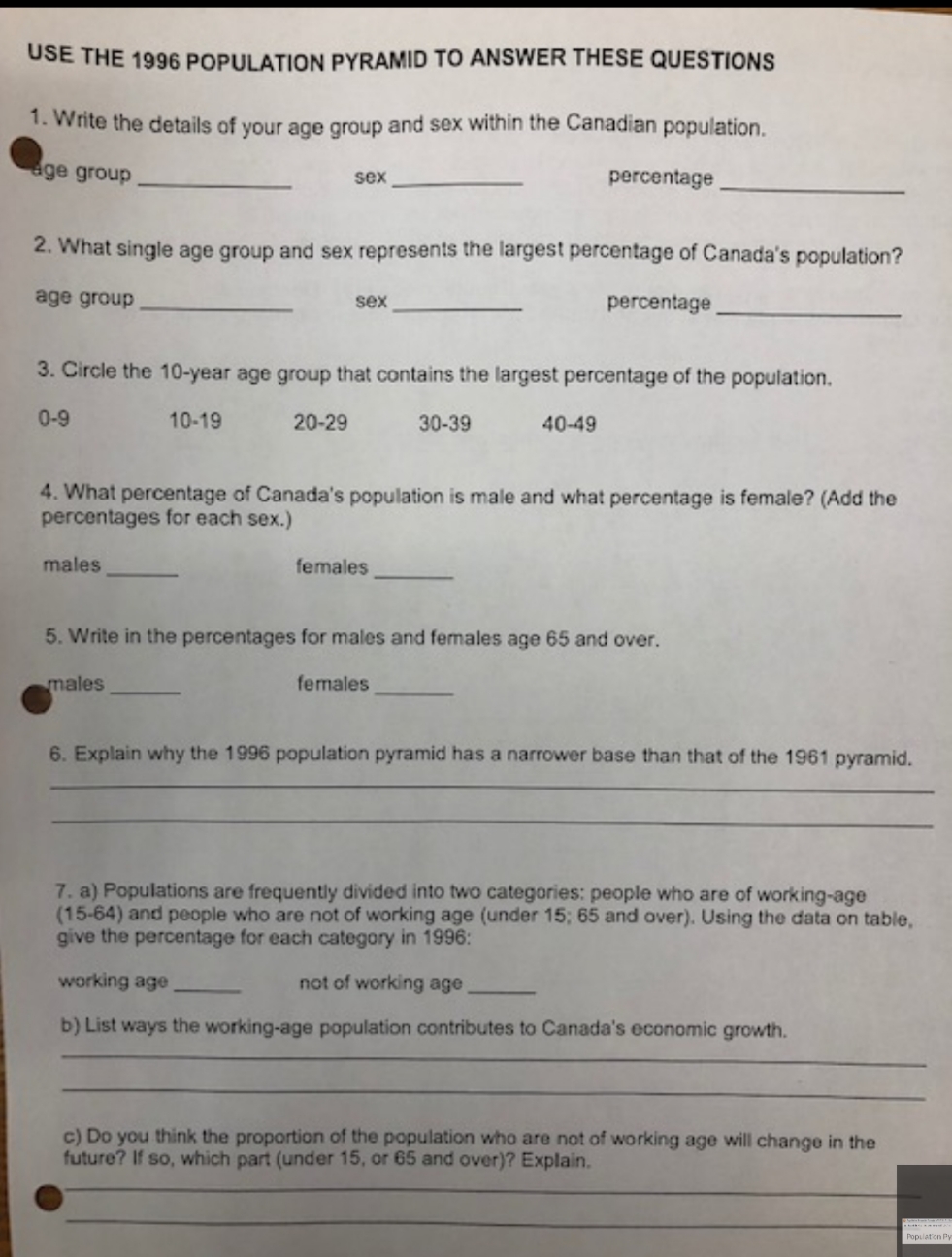 worksheet USE THE 1996 POPULATION PYRAMID TO