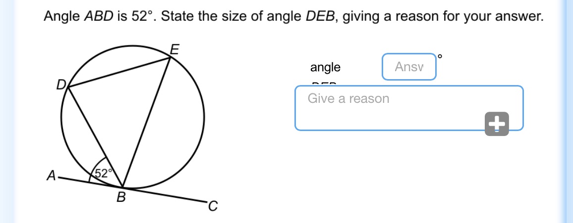 Angle ABD is 52. State the size of angle DEB,