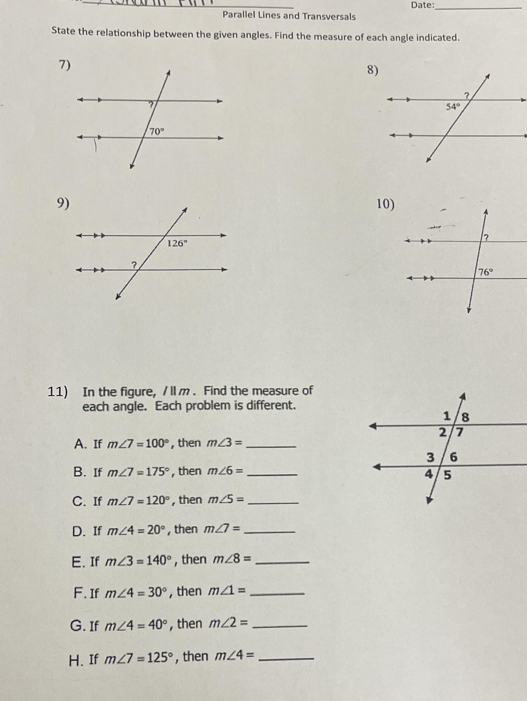 Date: Parallel Lines and Transversals State the
