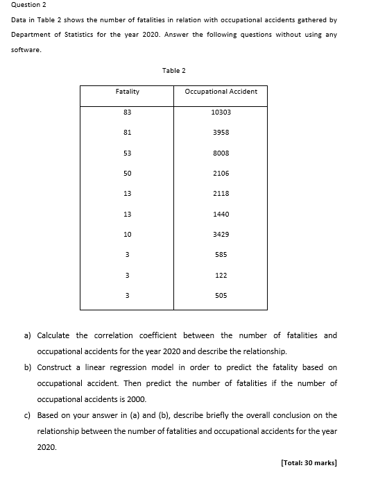 Question 2 Data in Table 2 shows the number of