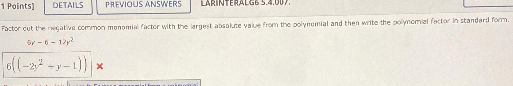 1 Points] DETAILS PREVIOUS ANSWERS LARINTERALG6