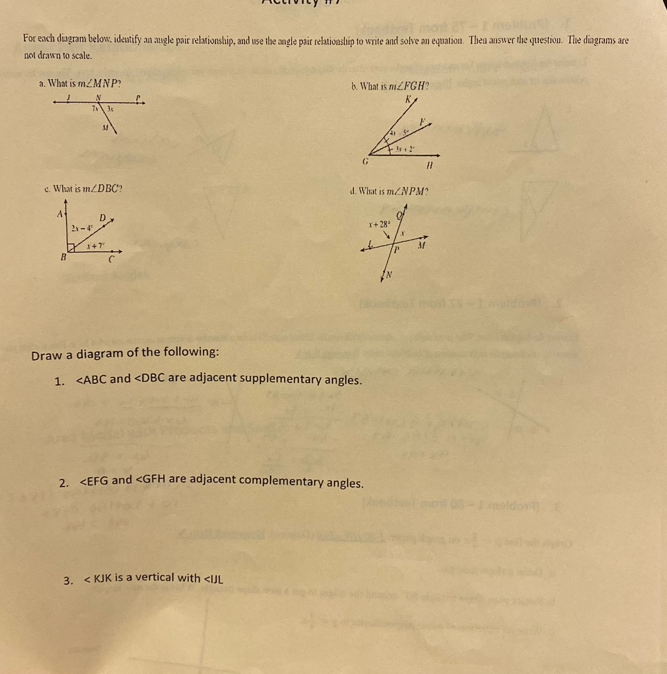 For each diagram below. identify an angle pair