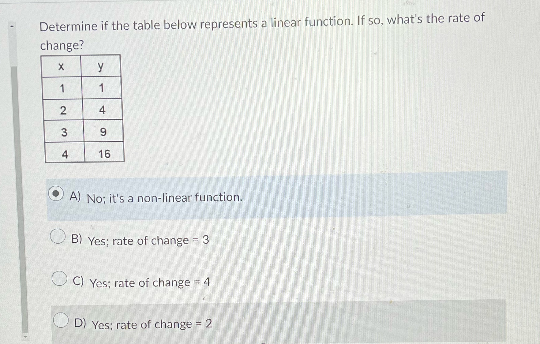 Determine if the table below represents a linear