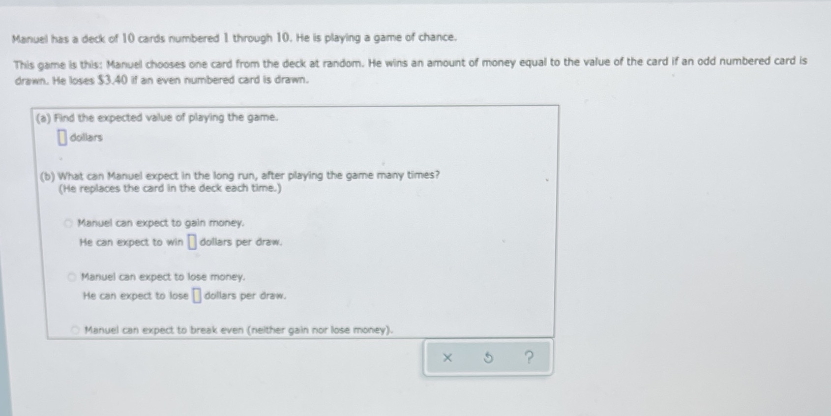 Manuel has a deck of 10 cards numbered 1 through