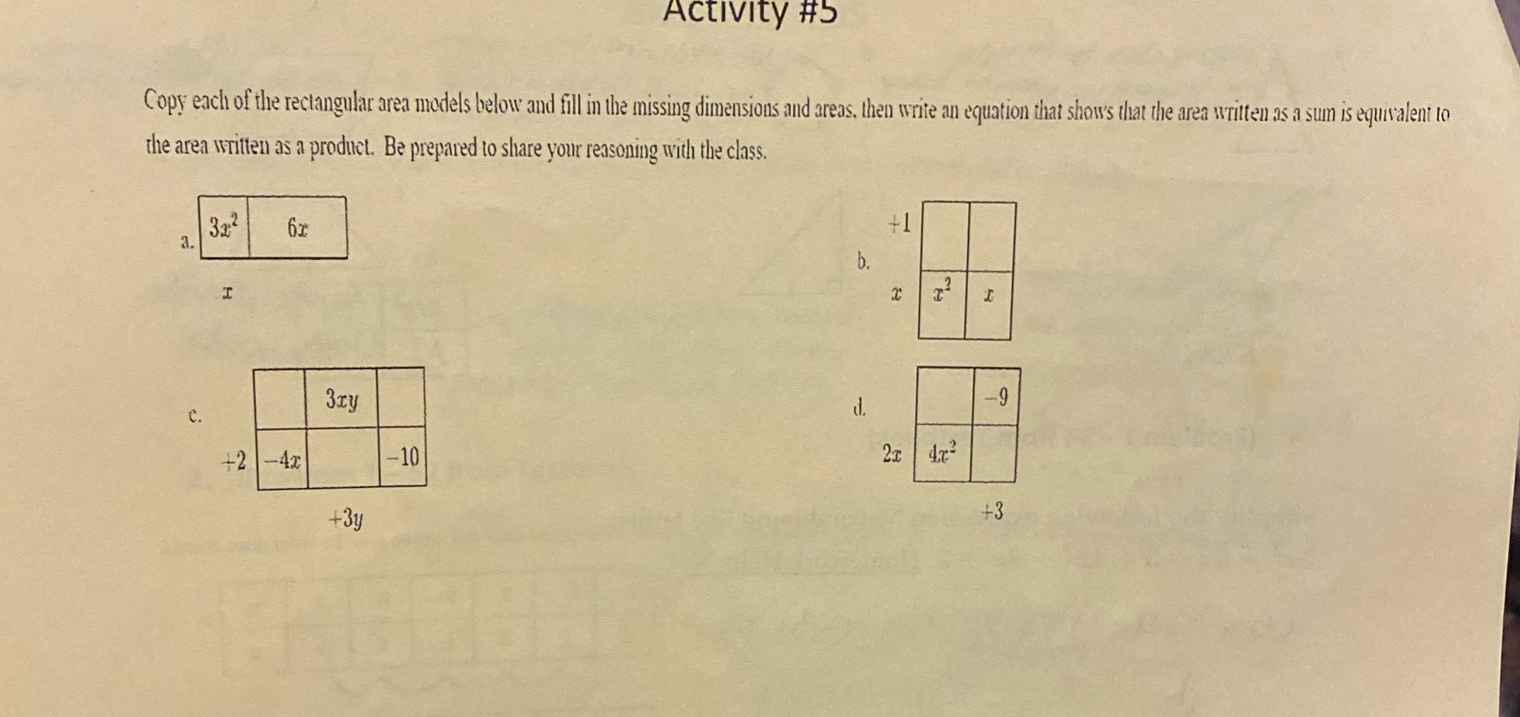 Activity #5 Copy each of the rectangular area