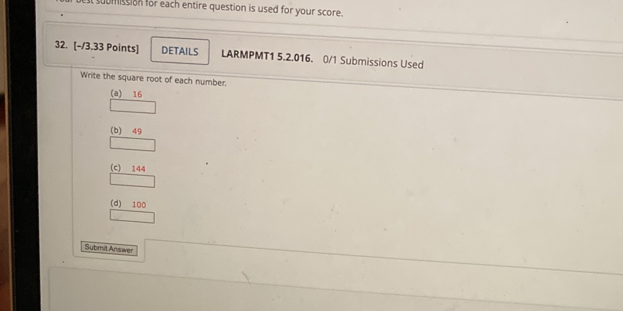Jomission for each entire question is used for