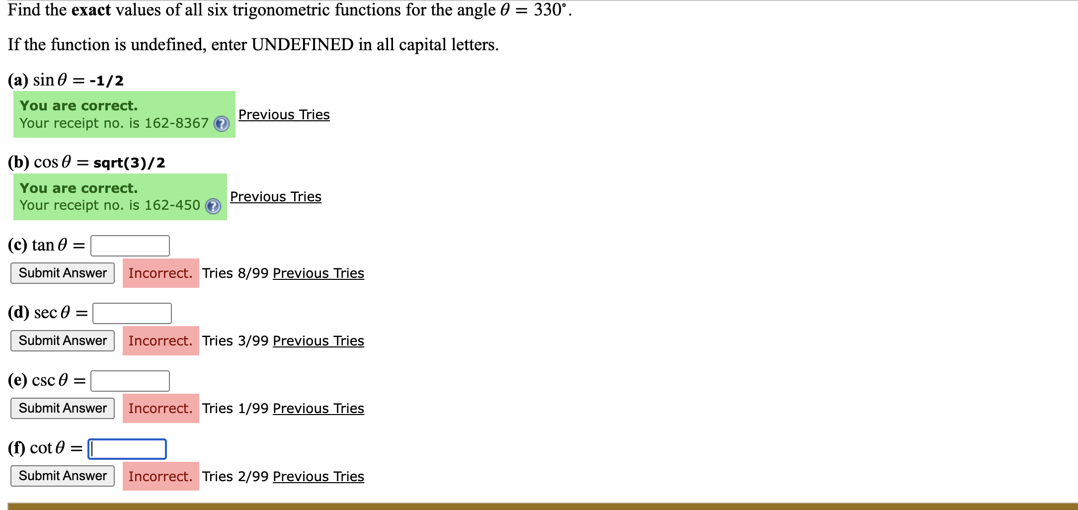 Find the exact values of all six trigonometric