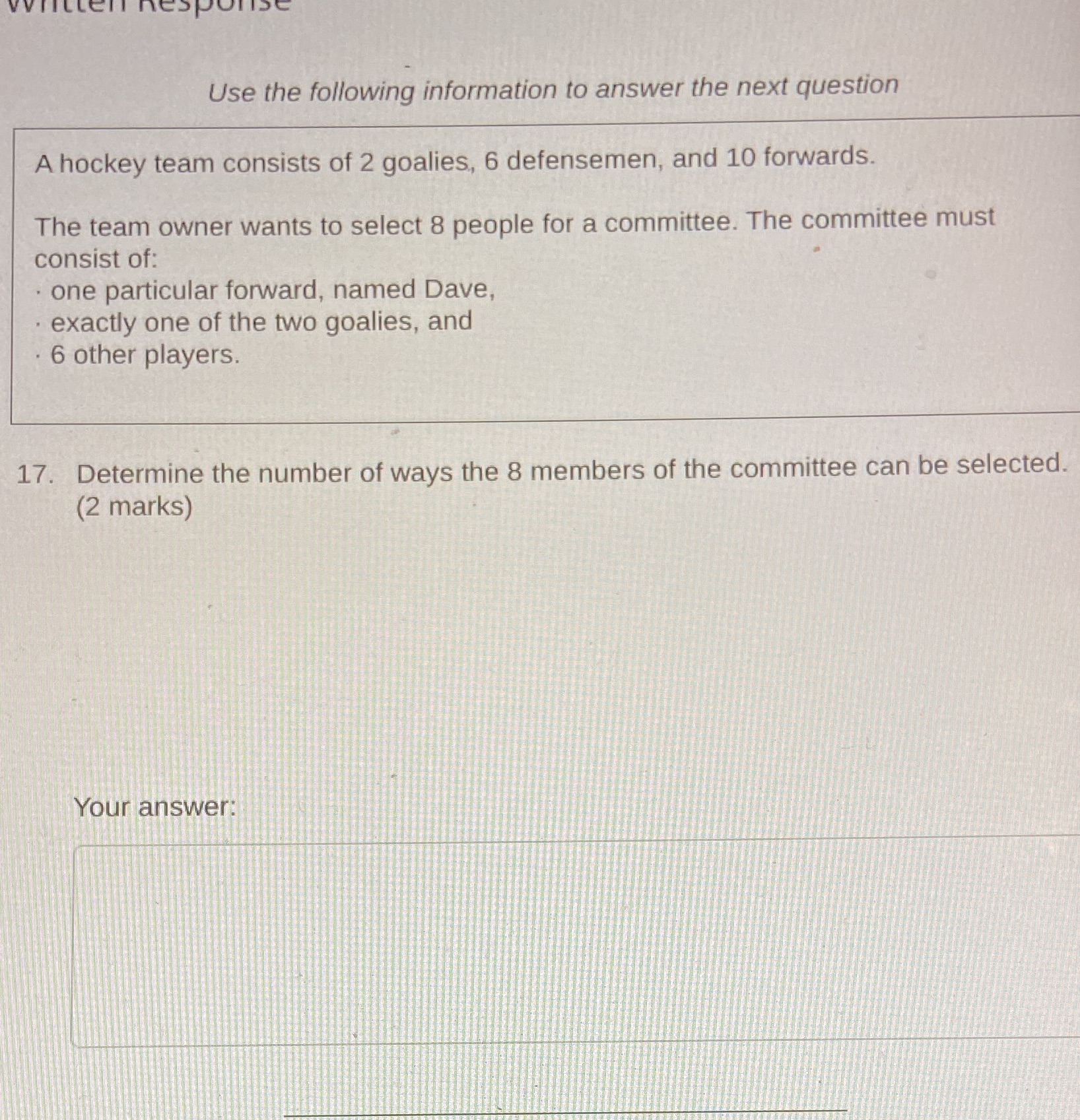 Use the following information to answer the next