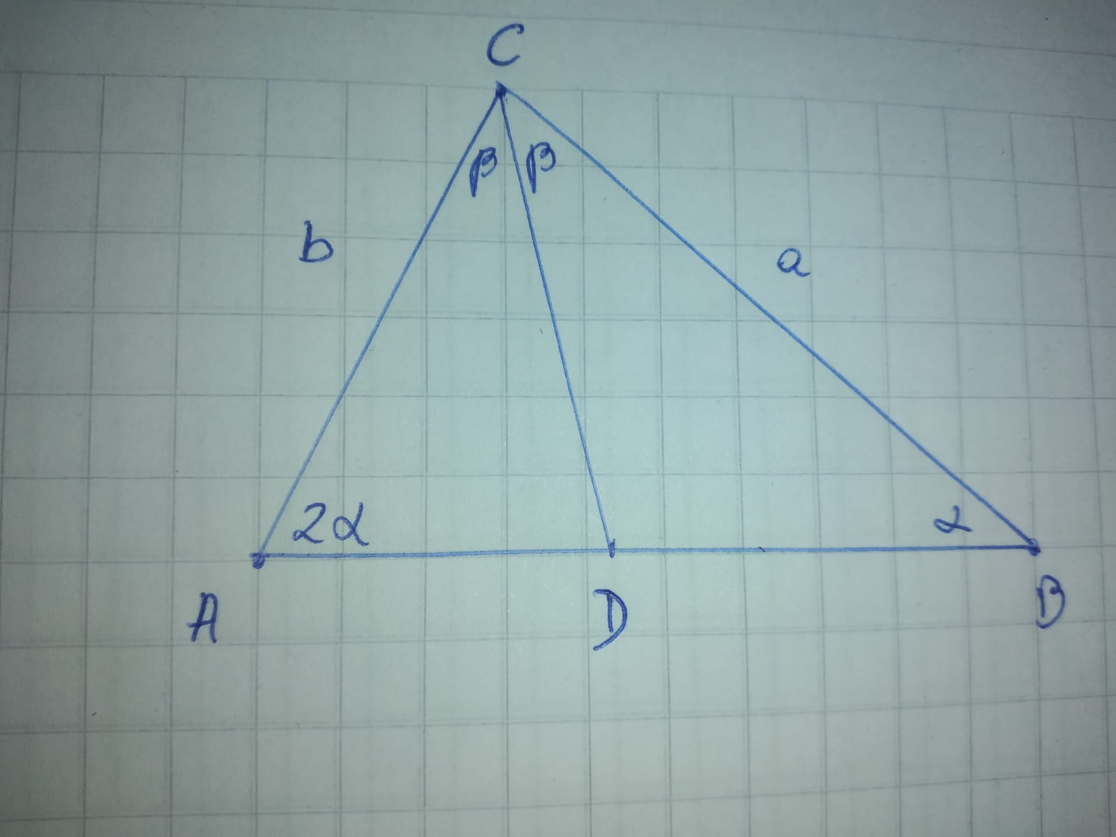 En el triangulo ABC, AC=b cm,BC=a cm, determinar
