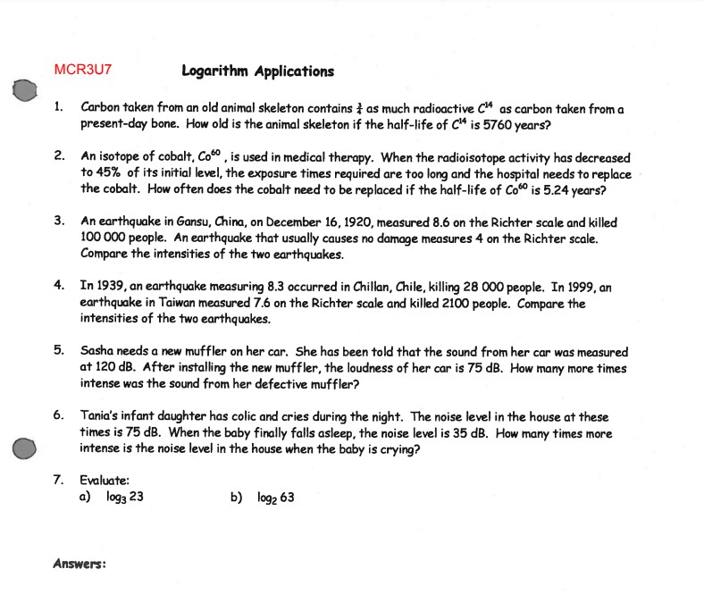 MCR3U7 Logarithm Applications 1. Carbon taken