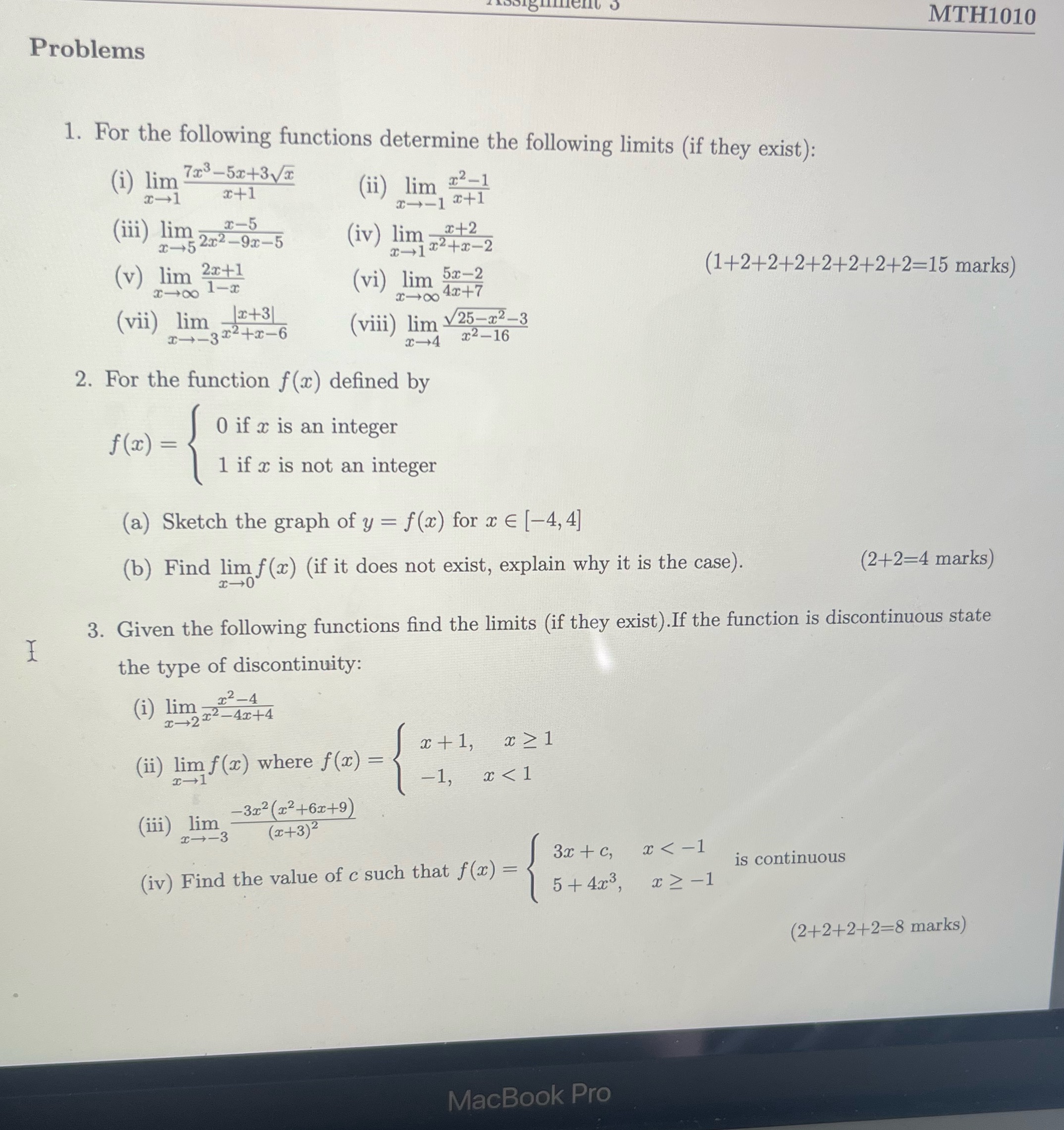 Problems MTH1010 1. For the following functions