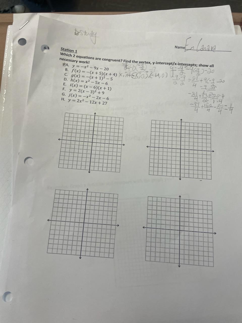 study Station 1 Which 2 equations are congruent?