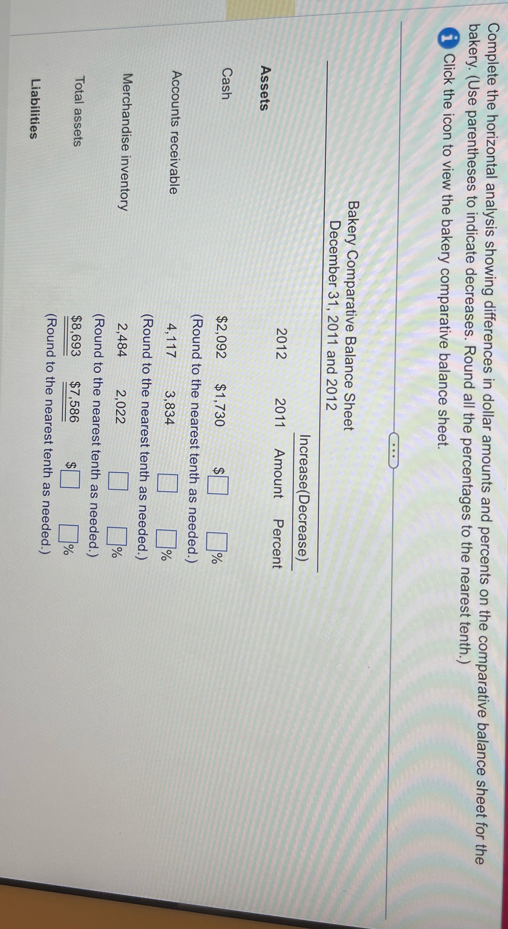 Complete the horizontal analysis showing