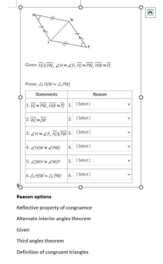 O- H W Given: HJ 1| PW, ZH = ZP, HJ = PW, HW = PJ