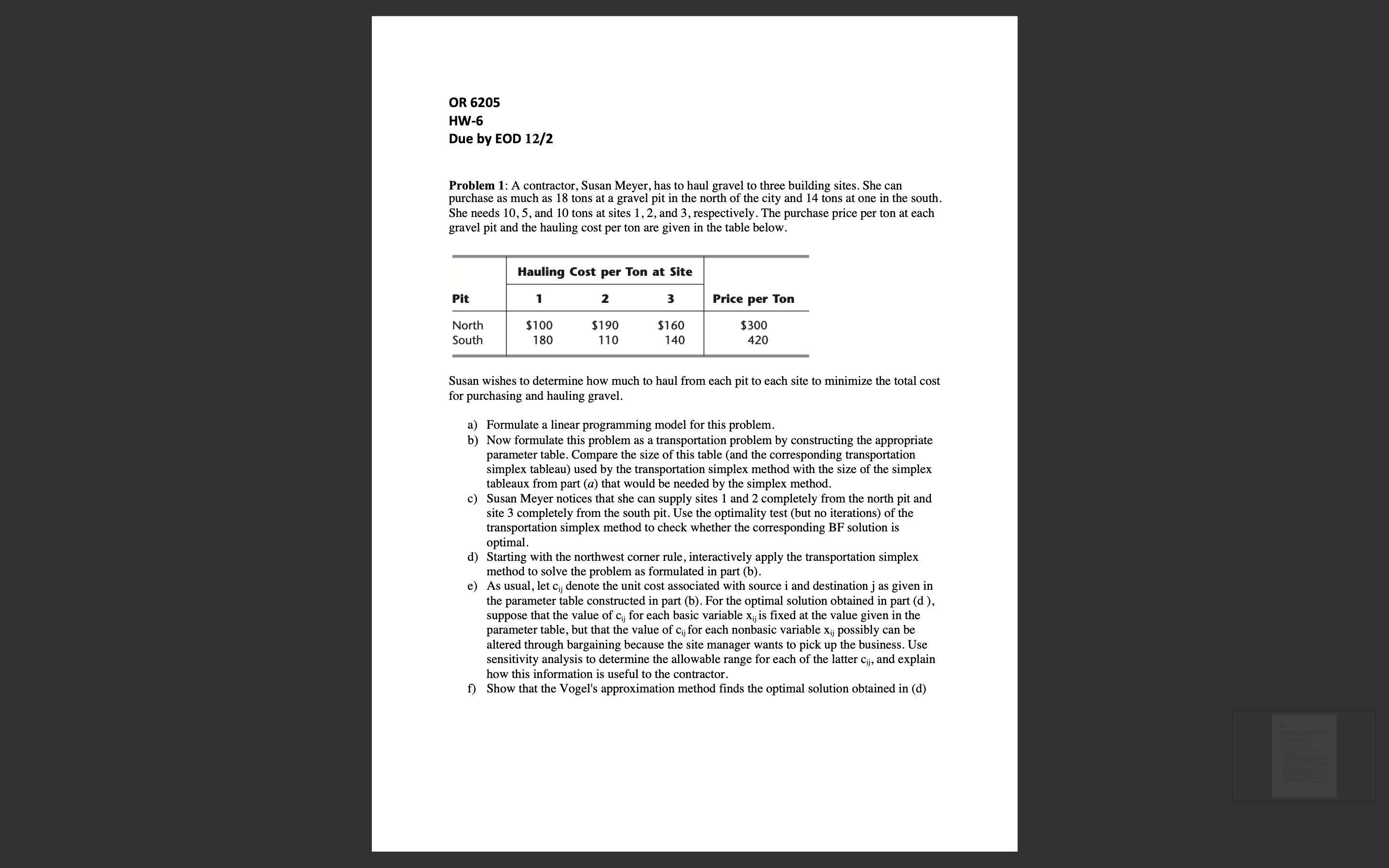 OR 6205 HW-S Due by EOD 12/2 Problem 1: A