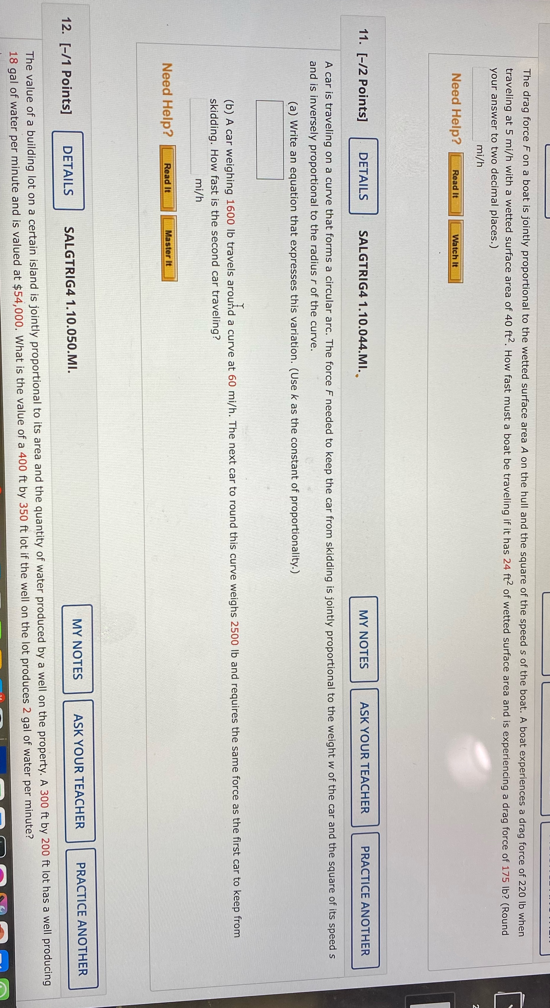 The drag force F on a boat is jointly