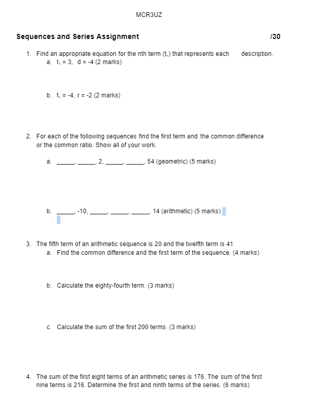 MCR3UZ Sequences and Series Assignment 130 1.