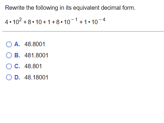 Rewrite the following in its equivalent decimal
