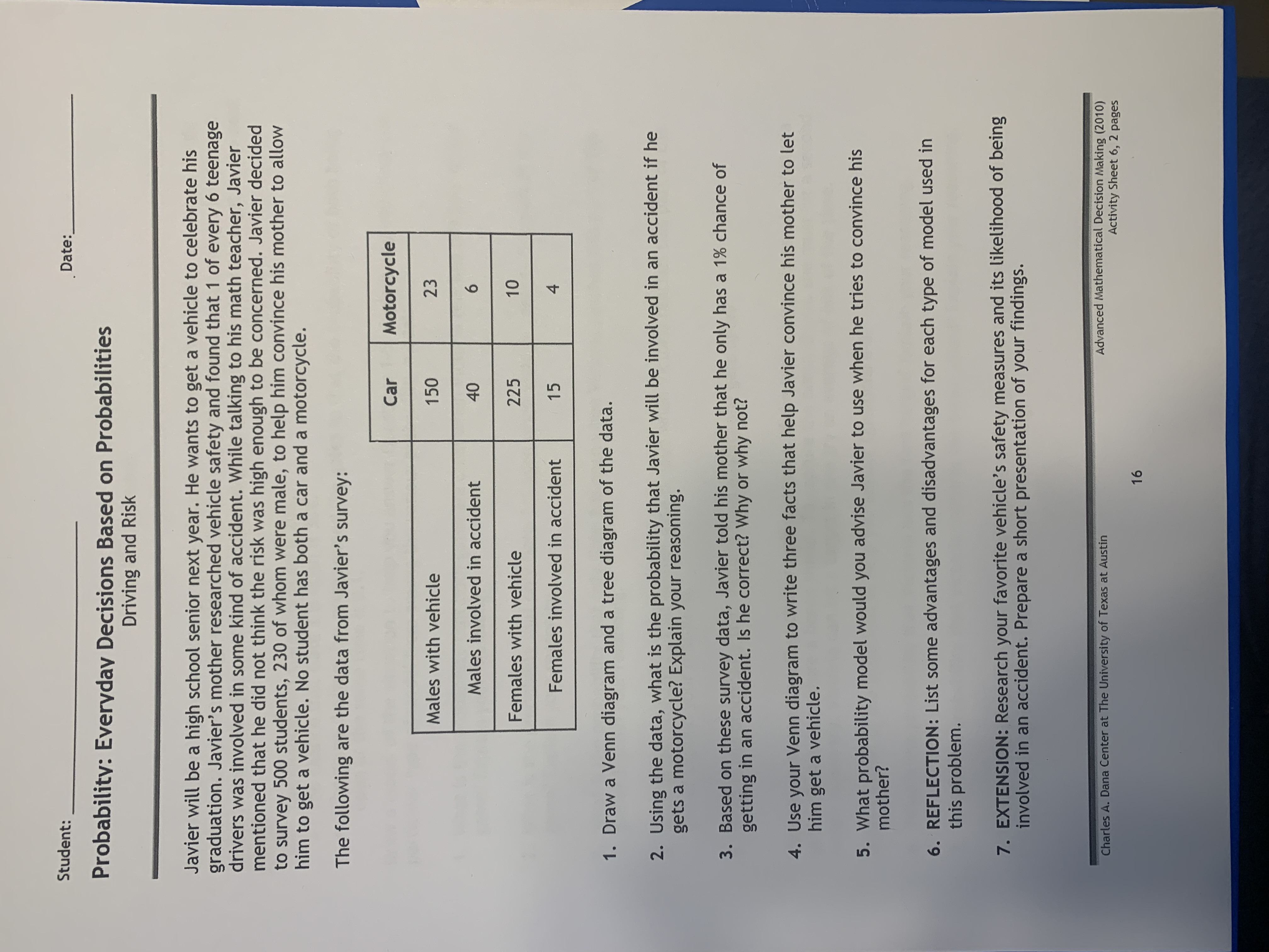 Student: Date: Probability: Everyday Decisions