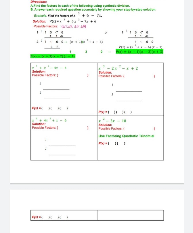 Directions: A. Find the factors in each of the